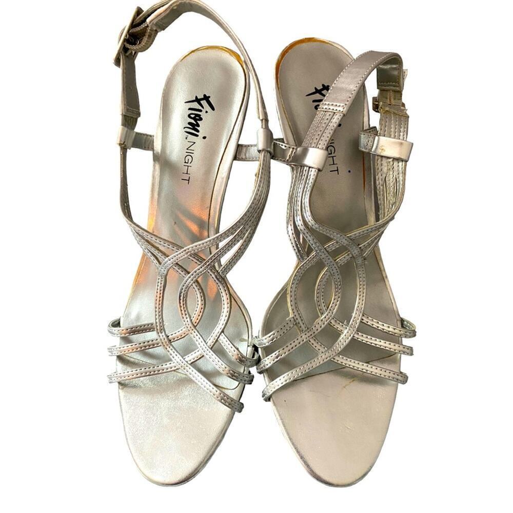 Silver party shoes pumps stilettos 3” heels wide sling back straps size 8